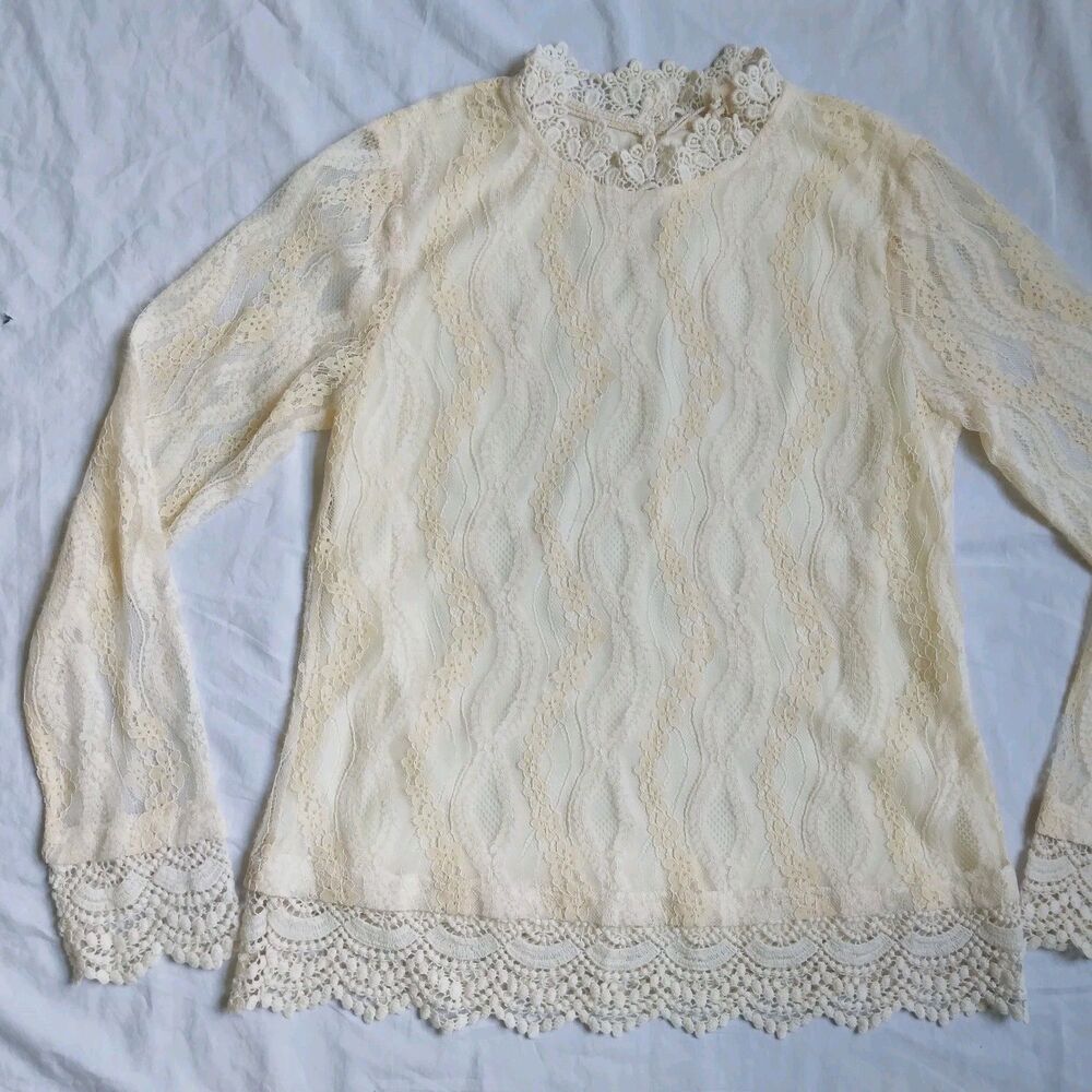 Mystree Ivory Long Sleeve Blouse Crochet Lace Floral Fairy Women’s Size S - Picture 4 of 11